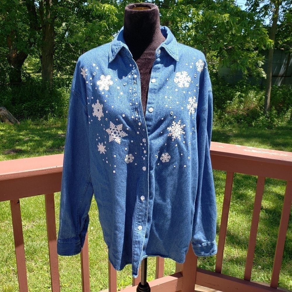 Artworks by Kay Black Ladies Button Down Denim Top,Large